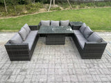 Fimous 9 Seater Outdoor Rattan Garden Furniture Sofa Set Patio Adjustable Rising Lifting Dining Table Set with Side Table Dark Grey Mixed