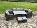 Fimous 7 Seater Rattan Outdoor Garden Furniture Set Rectangular Dining Table and Chair Sofa Set With 2 Side Tables 2 Small Footstools Dark Grey Mixed