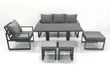 Fimous Outdoor Aluminium Garden Furniture Set with Adjustable Rising Lifting Dining Table 3 Seater Sofa Chair 3 Footstools Dark Grey
