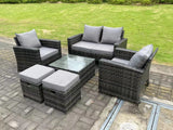 Fimous 6 Seater Dark Grey Mixed High Back Rattan Sofa Set Square Coffee Table Garden Furniture Outdoor 2 Stools