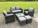 Fimous 6 Seater Dark Grey Mixed High Back Rattan Sofa Set Square Coffee Table Garden Furniture Outdoor 2 Stools