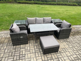 Fimous Wicker PE Rattan Garden Furniture Set Outdoor Rectangular Dining Table and Chair Sofa Set With 2 Side Tables Big Footstool Dark Grey Mixed