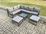 Fimous 8 Seater Outdoor Lounge Corner Sofa Set Aluminum Garden Furniture Sets with Square Coffee Table 2 Big Footstool Dark Grey