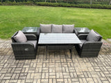 Fimous Wicker PE Rattan Garden Furniture Set Outdoor Rectangular Dining Table and Chair Sofa Set With 2 PC Side Table Dark Grey Mixed