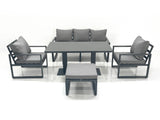 Fimous Outdoor Aluminium Garden Furniture Set with Adjustable Rising Lifting Dining Table 3 Seater Sofa 2 Chair Big Footstool Dark Grey