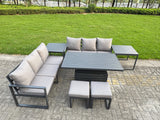 Fimous 7 Pieces Garden Furniture Set Aluminium Adjustable Rising Lifting Dining Table and Sofa Set with 2 Side Tables 2 Small Footstools Dark Grey