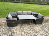 Fimous Wicker PE Rattan Garden Furniture Set Outdoor Rectangular Dining Table and Chair Sofa Set With 2 PC Side Table Dark Grey Mixed