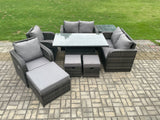 Fimous PE Rattan Garden Furniture Set Height Adjustable Rising lifting Dining Table Chair Love Sofa With Side Table 3 Footstools