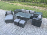 Fimous Outdoor Garden Furniture Set Patio Rattan Rectangular Dining Table Lounge Sofa Chair with 2 Side Table Big Footstool 2 Small Stools 8 Seater Dark Grey Mixed