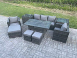 Fimous Outdoor Garden Furniture Set Patio Rattan Rectangular Dining Table Lounge Sofa Chair with 2 Side Table Big Footstool 2 Small Stools 8 Seater Dark Grey Mixed