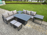 Fimous 7 Pieces Garden Furniture Set Aluminium Adjustable Rising Lifting Dining Table and Sofa Set with 2 Side Tables 2 Small Footstools Dark Grey