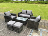 Fimous 6 Seater Dark Grey Mixed High Back Rattan Sofa Set Rectangular Coffee Table Garden Furniture Outdoor 2 Stools