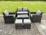 Fimous 6 Seater Dark Grey Mixed High Back Rattan Sofa Set Rectangular Coffee Table Garden Furniture Outdoor 2 Stools