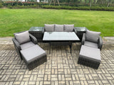 Fimous Rattan Outdoor Garden Furniture Set Rectangular Dining Table and Chair Sofa Set With 2 Side Tables 2 Big Footstool 7 Seater Dark Grey Mixed