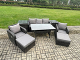 Fimous Rattan Outdoor Garden Furniture Set Rectangular Dining Table and Chair Sofa Set With 2 Side Tables 2 Big Footstool 7 Seater Dark Grey Mixed