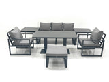 Fimous Outdoor Aluminium Garden Furniture Set with Adjustable Rising Lifting Dining Table 3 Seater Sofa 2 Chair Big Footstool 2 Side Tables Dark Grey