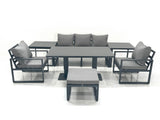 Fimous Outdoor Aluminium Garden Furniture Set with Adjustable Rising Lifting Dining Table 3 Seater Sofa 2 Chair Big Footstool 2 Side Tables Dark Grey