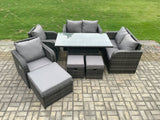 Fimous PE Rattan Garden Furniture Set Height Adjustable Rising lifting Dining Table With Love Sofa Chair 3 Footstools