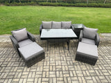 Fimous 7 Seater Rattan Outdoor Garden Furniture Set Rectangular Dining Table and Chair Sofa Set With Side Table 2 Big Footstool Dark Grey Mixed