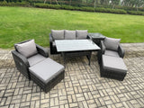 Fimous 7 Seater Rattan Outdoor Garden Furniture Set Rectangular Dining Table and Chair Sofa Set With Side Table 2 Big Footstool Dark Grey Mixed