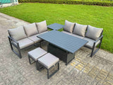 Fimous 6 Pieces Garden Furniture Set Aluminium Adjustable Rising Lifting Dining Table and Sofa Set with Side Table 2 Small Footstools Dark Grey