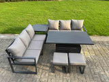 Fimous 6 Pieces Garden Furniture Set Aluminium Adjustable Rising Lifting Dining Table and Sofa Set with Side Table 2 Small Footstools Dark Grey
