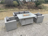 Fimous Light Grey Rattan Gas Fire Pit Garden Furniture Dining Table Set Heater Burner Chairs Lounge Sofa Set Arm Chairs