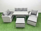Fimous Patio PE Wicker 8 Seater Outdoor Rattan Furniture Sofa Sets with Rectangular Dining Table Reclining Chair Loveseat Sofa 3 Seater Sofa 2 Big Footstools 2 Side Table  Light Grey