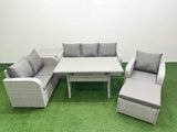 Fimous Patio PE Wicker 7 Seater Outdoor Rattan Furniture Sofa Sets with Rectangular Dining Table Reclining Chair Loveseat Sofa 3 Seater Sofa Big Footstool Side Table Light Grey