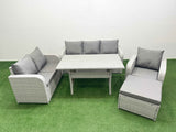 Fimous Patio PE Wicker 7 Seater Outdoor Rattan Furniture Sofa Sets with Rectangular Dining Table Reclining Chair Loveseat Sofa 3 Seater Sofa Big Footstool Light Grey