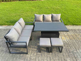Fimous 5 Pieces Garden Furniture Set Aluminium Adjustable Rising Lifting Dining Table and Sofa Set with 2 Small Footstools Dark Grey
