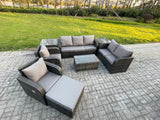 Fimous 8 Seater Rattan Wicker Garden Furniture Patio Conservatory Sofa Set with Rectangular Coffee Table 3 Seater Sofa Love Sofa Big Footstool 2 Side Tables