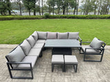 Fimous 9 Piece L-shaped Garden Furniture Set 10-Seater Aluminium Outdoor Dining Set with Adjustable Rising Lifting Dining Table Chair 2 Small Footstools Dark Grey