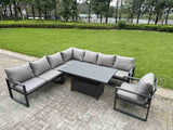 Fimous 7 Piece L-shaped Garden Furniture Set 8-Seater Aluminium Outdoor Dining Set with Adjustable Rising Lifting Dining Table Dark Grey