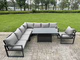 Fimous 7 Piece L-shaped Garden Furniture Set 8-Seater Aluminium Outdoor Dining Set with Adjustable Rising Lifting Dining Table Dark Grey