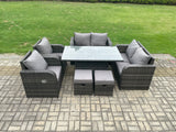 Fimous Wicker PE Rattan Furniture Garden Dining Set Outdoor Height Adjustable Rising lifting Table Love Sofa Chairs With Footstools