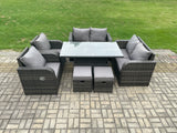 Fimous Wicker PE Rattan Furniture Garden Dining Set Outdoor Height Adjustable Rising lifting Table Love Sofa Chairs With Footstools