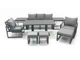 Fimous 8 Seater Aluminium Outdoor Garden Furniture Set with Adjustable Rising Lifting Dining Table 3 Seater Sofa 2 Chair 3 Footstool 2 Side Tables Dark Grey