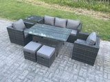 Fimous 7 Seater Rattan Garden Furniture Set Patio Outdoor Rectangular Dining Table Lounge Sofa Chair with Side Table 2 Small Stools Dark Grey Mixed