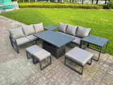 Fimous 8 Pieces Garden Furniture Set Aluminium Adjustable Rising Lifting Dining Table and Sofa Set with 2 Side Tables 3 Footstools Dark Grey