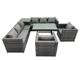 Fimous Outdoor Corner Sofa Chair Dining Table Set Garden Rattan Furniture Set 8 Seater with Side Table Dark Grey