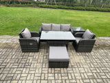 Fimous Wicker PE Rattan Garden Furniture Set Outdoor Rectangular Dining Table and Chair Sofa Set With Side Table Big Footstool Dark Grey Mixed