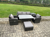 Fimous Wicker PE Rattan Garden Furniture Set Outdoor Rectangular Dining Table and Chair Sofa Set With Side Table Big Footstool Dark Grey Mixed