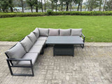 Fimous 6 Piece L-shaped Garden Furniture Set 7-Seater Aluminium Outdoor Dining Set with Adjustable Rising Lifting Dining Table Dark Grey