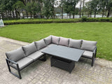 Fimous 6 Piece L-shaped Garden Furniture Set 7-Seater Aluminium Outdoor Dining Set with Adjustable Rising Lifting Dining Table Dark Grey