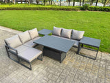 Fimous 6 Pieces Garden Furniture Set Aluminium Adjustable Rising Lifting Dining Table and Sofa Set with 2 Side Tables Big Footstool Dark Grey