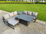 Fimous 5 Pieces Garden Furniture Set Aluminium Adjustable Rising Lifting Dining Table and Sofa Set with Side Table Big Footstool Dark Grey