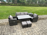 Fimous Wicker PE Rattan Garden Furniture Set Outdoor Rectangular Dining Table and Chair Sofa Set With Side Table 2 Small Footstools Dark Grey Mixed
