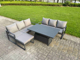 Fimous 4 Pieces Garden Furniture Set Aluminium Adjustable Rising Lifting Dining Table and Sofa Set with Big Footstool Dark Grey