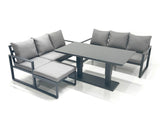 Fimous 7 Seater Aluminium Outdoor Garden Furniture Set with Adjustable Rising Lifting Dining Table 3 Seater Sofa Big Footstool Dark Grey